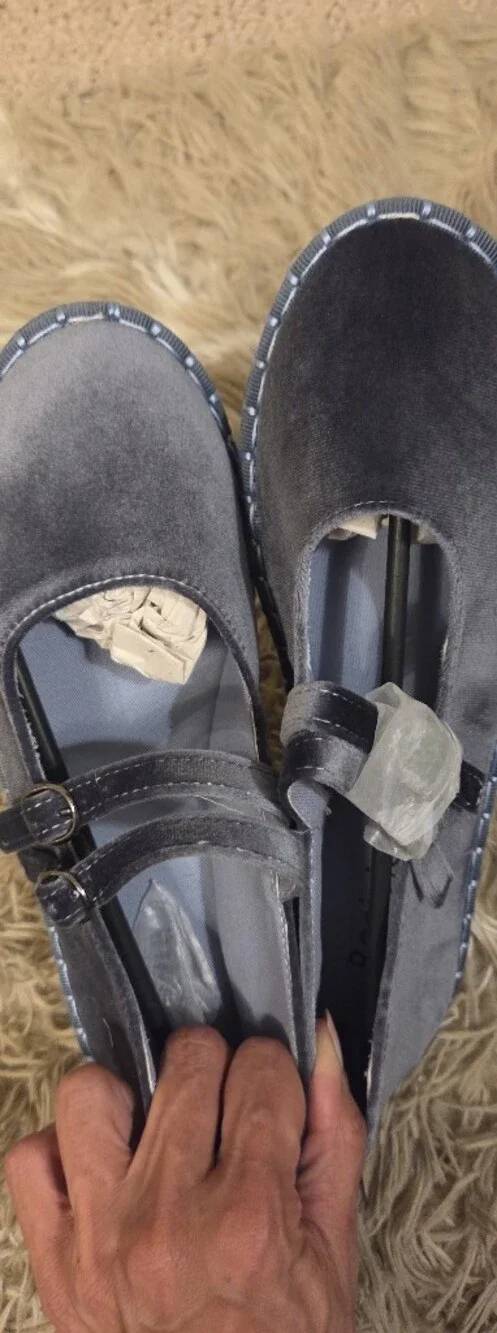 Women's Gray Velvet Double-Strap Mary Jane Flats